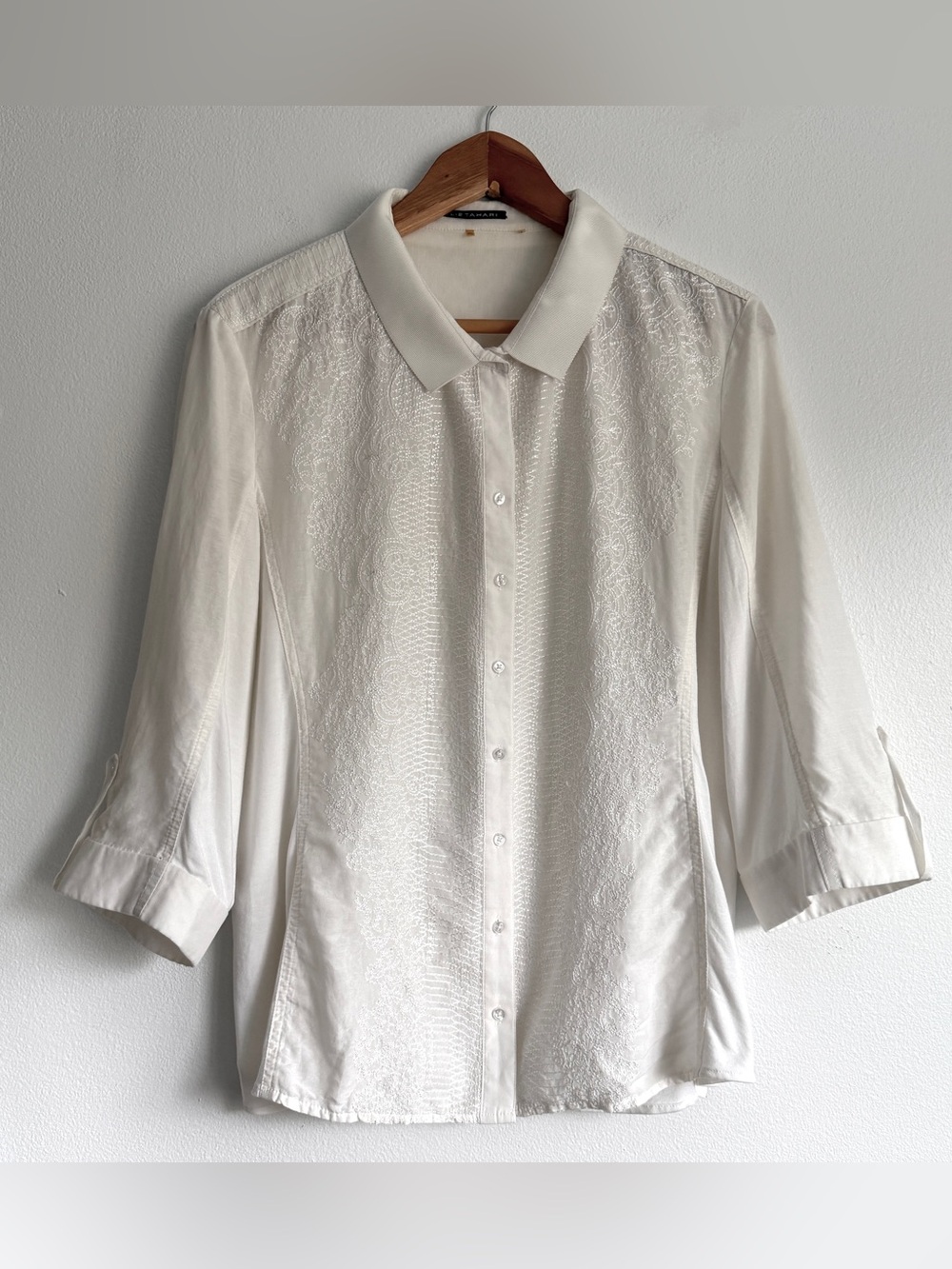 Elie Tahari White Ivory Embroidered Blouse XL Button Front Lace Career Top